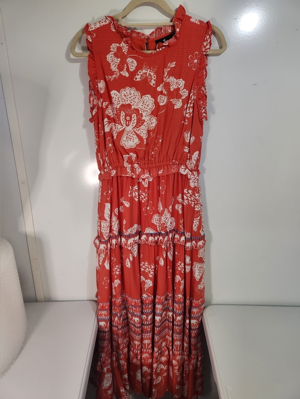 Emily Lovelock Sleeveless Red Floral Maxi Dress with White Print, Size 6-8